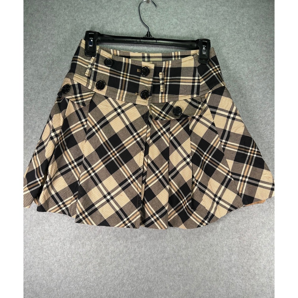 E-Land Womens Plaid Mini Skirt XS 26 Waist Double Button Pleated Tartan Y2K